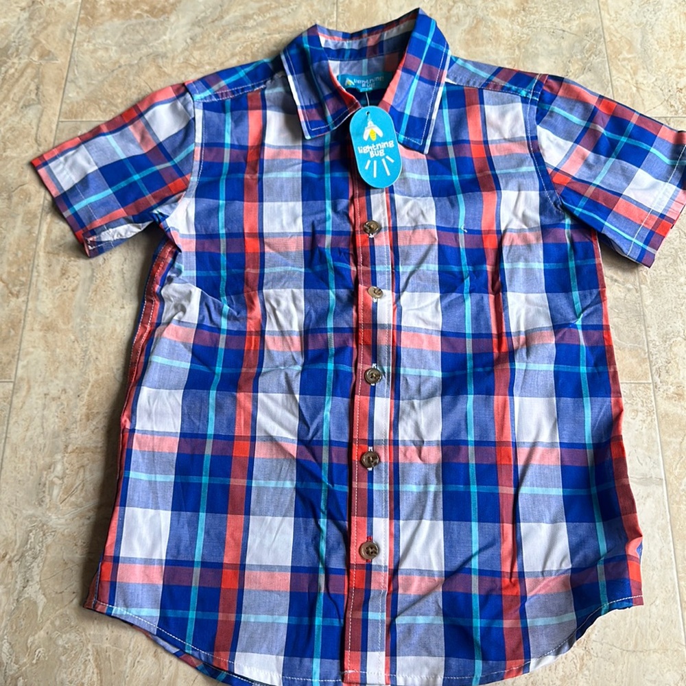 LIGHTNING BUG BLUE PLAID BUTTON DOWN SHIRT: NEW WITH TAGS: SIZE 6